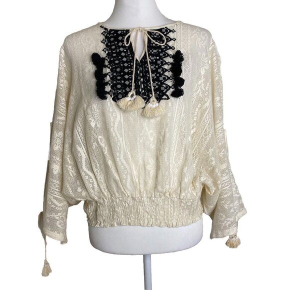Vineet Bahl Anthropologie Lona Lace Boho Blouse Peasant Cream Black Tassel Top S - Picture 4 of 13